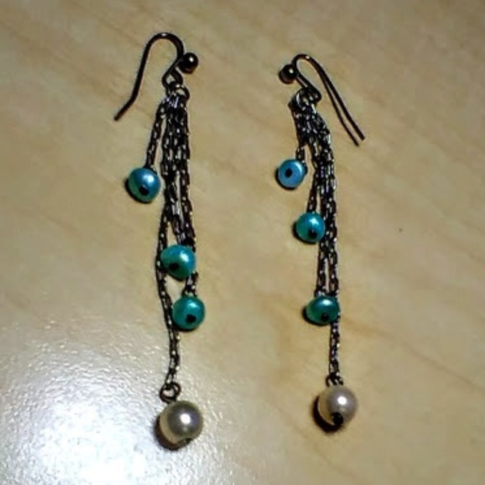 Teal & White Beaded Dangle Chain Earrings : 2 1/4" long